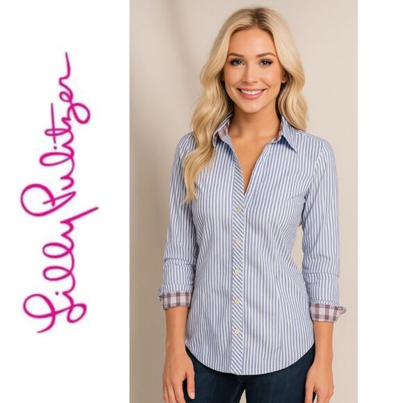 Lilly Pulitzer Color Flip Cuffs Blue and White Stripe Long Sleeve Button Up - Picture 1 of 16